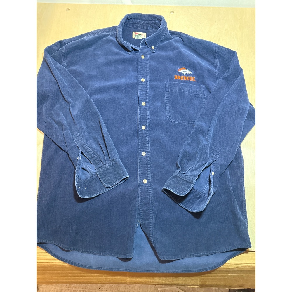 Vintage 90s Denver Broncos Corduroy Shirt XL Pro Elite Navy Blue NFL 100% Cotton